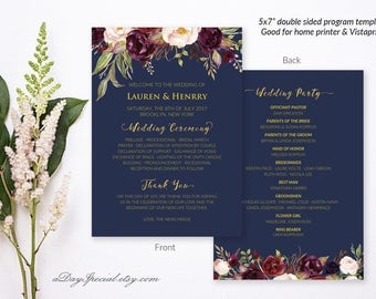 5x7" Double Sided Navy Wedding Program Template, Printable Burgundy Floral Gold Wedding Ceremony, Fan Style, DIY PDF Instant Download #109