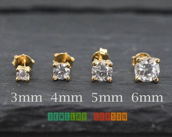 Yellow Gold Plated .925 Sterling Silver Studs Earrings 3mm 4mm 5mm 6mm Round Clear Cubic Zirconia Childrens Womens Kids Girls Jewelry