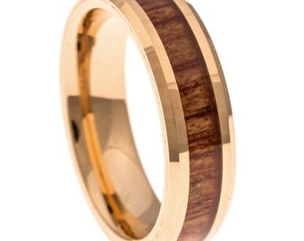 Men's Wedding Band, Rose Gold Hawaiian Koa Wood Inlay 6MM. Tungsten Carbide Men's Ring, Sizes 7-14