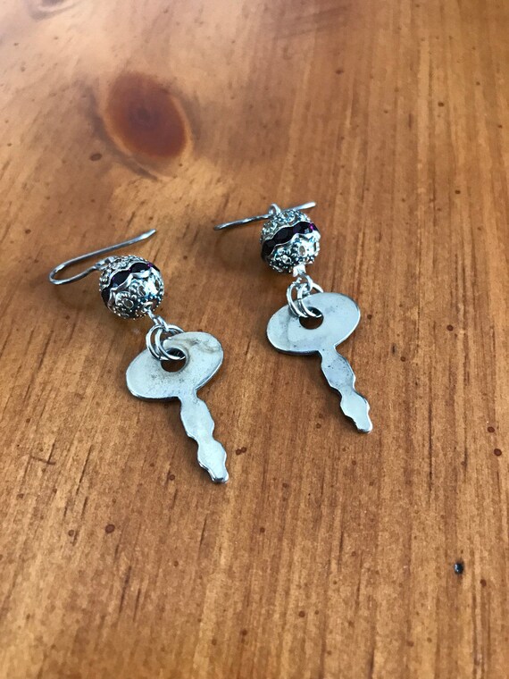 Purple Rhinestones Vintage Key Earrings French Hook Levers