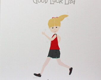 Lovely Personalised Handmade Good Luck Card. Running Girl or Boy design. Friends or Relations