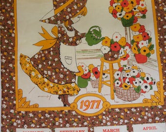 Vintage Tea Towel Calendar with girl watering plants - 1977 Kitchen Towel