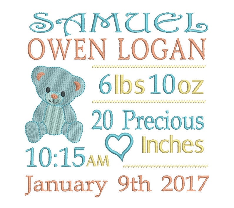 Personalised Baby Birth Announcement Machine Embroidery
