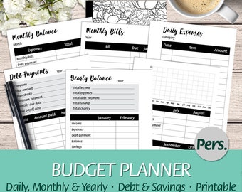 Personal - Budget Planner, Daily Expenses, Monthly and Yearly Balance, Debt Payments, Savings, Finances- Printable Planner Insert - PDF