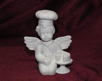 Ceramic Bisque U-Paint Cherub Angel Chef With Cake Unpainted Ready To Paint DIY