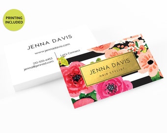 Faux Gold Floral Business Cards - printed business card,cards,printing,black and white,lipsense,plexus,mary kay,hair,makeup,stylist,lularoe