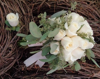 White Rose and Seeded Eucalyptus wedding bouquet, Rose bouquet, wedding bouquet, bridal bouquet, white wedding, Ivory wedding, white roses