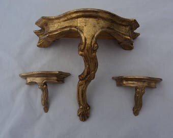 Set of 3 Vintage Italian Florentine Gold Gilt Carved Shelves