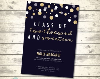 Glitter Gold Graduation Announcement, Graduation Party Invitation, Class of 2017, Glitter Gold Confetti Blue, Digital Printable