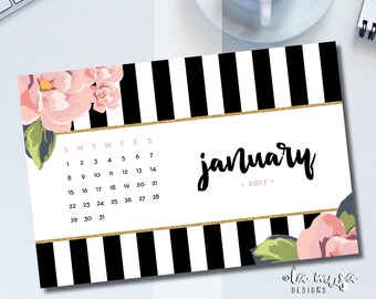 2017 DESK CALENDAR | SELENE {Black and Gold} {Floral} {Stripes} {Desktop Calendar} {Printable} {Month per Month} {5x7}
