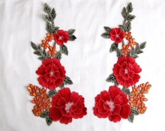 Trento Mirror Flower Patches,2 Pcs. Flower Applique/Red Flower Patches/Red Flower Applique/Floral Patches/Embroidery Patches