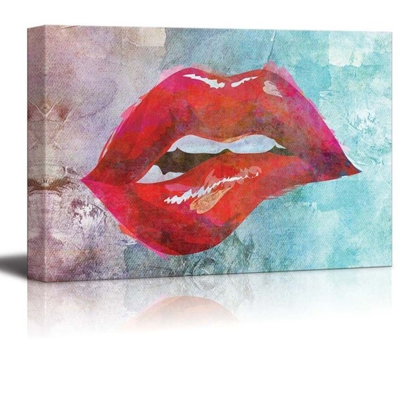 Painting of a Lip Bite on a Canvas Watercolored Background
