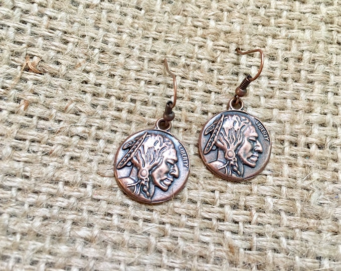 Replica Coin Earrings, Native American Head Earrings, Indian Nickel Drops, Buffalo Nickel Drops, Cowgirl Earrings, Buffalo Nickel Earrings