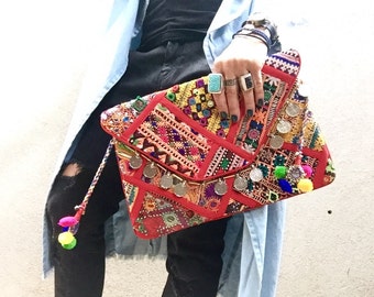 Banjara Bag, Indian Clutch, Hobo Bag, Banjara Clutch, Red Bag, Gypsy Clutch, Boho Clutch, Ethnic Tribal Clutch called Nova