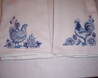 Blue Rooster and Hen Kitchen Towels