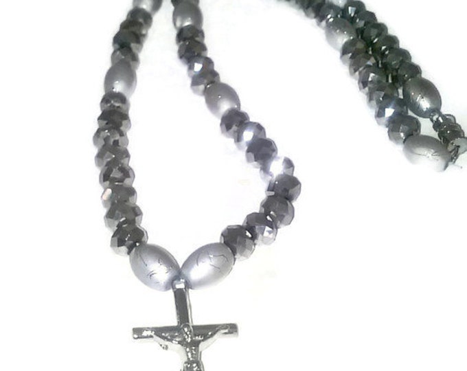 Silver Cross Beaded Necklace, Statement Piece, Grey Pearl Necklace, Crystal Beads, Gift For Her, Crucifix, Silver Lovers, Silver and Grey.