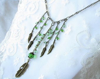 Feather necklace Green necklace Boho necklace Chain necklace Crystal necklace Bronze necklace Valentines gift Charm necklace Drop Necklace