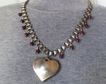 Vintage, necklace, bookchain, puff heart, Czech beads, choker, pendant, OOAK, repurposed, upcycled, assemblage