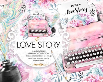 Typewriter Clipart, Cute Watercolor Typewriter Illustrations Printable Romantic Planner Stickers DIY Ink-Pot Peonies Valentines Clipart Love