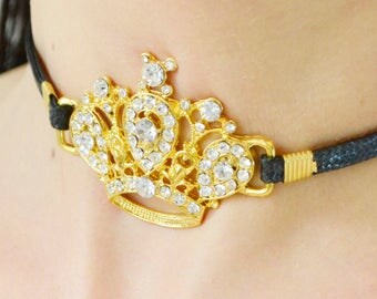 Golden crown choker, Black leather wrap necklace jewelry, turkish wrap neckline necklace, choker, elegant choker, 18k golden choker, new