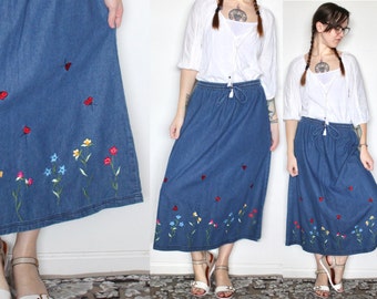Women's Ankle Length Tie Dyed Tiered Long Denim Prairie Skirt