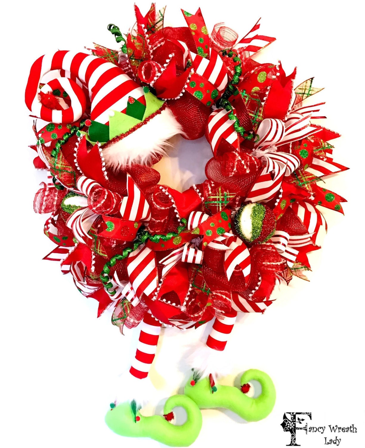 Sparkling Striped Christmas Elf Wreath Whimsical Elf Wreath 0947