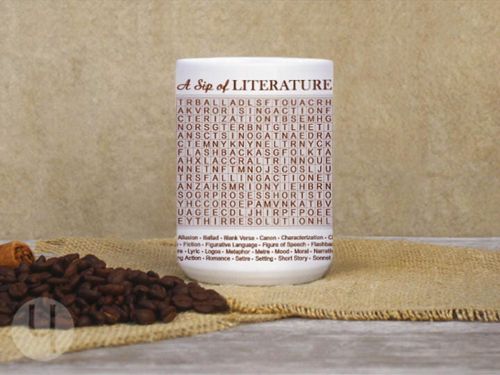 A Sip of Literature Word Search Mug. Coffee and Tea Mug. Gift for the literature lover. Gift for teachers and book lovers.