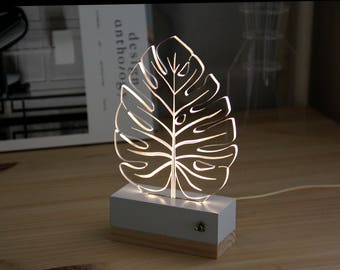 Feuille tropicale monstera//lampe 3d//nature//decoration moderne//led//plexiglas//idée cadeau