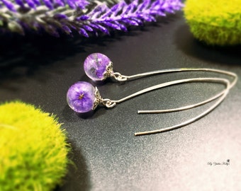 Flower Earrings, Resin Earrings, Nature Jewelry, Flower Jewelry, Real Flower Earrings, Crystal Earrings, Handmade Earrings, Purple Earrings