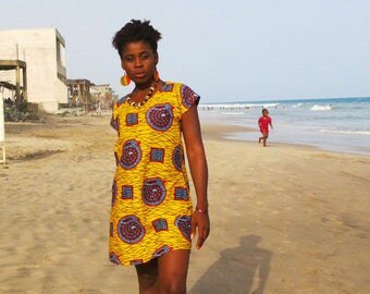 Snails and Ladders Dress // T-shirt Dress // African Print Dress // Festival dress // Summer dress // Yellow // Patterned dress