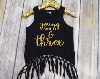 Birthday Shirt 3 - Young Wild and Three Fringe Tank - 3 Year Old Birthday Tank Top - 3 Year Old Birthday Shirt - Girls Boho Fringe Top