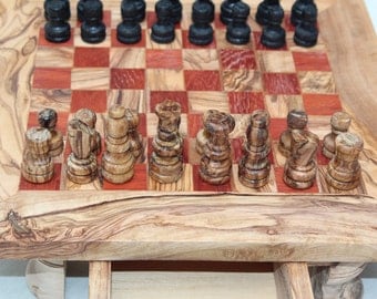 Square Shaped Olive Wood Chess set with Red color and 32 Chess pieces