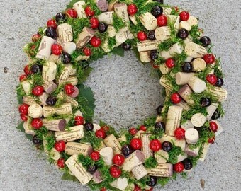 Cranberry and Moss Wine Cork Wreath 12-14"