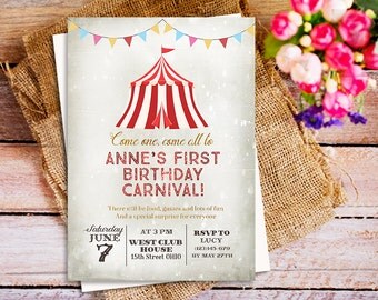 Carnival themed party invitation, Carnival Birthday Invitation, circus birthday invitation, vintage circus carnival invitation, kid's party