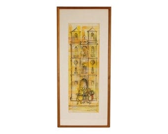 Mid-century Architectural Watercolor painting w Pen and Ink Building with Belfry