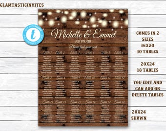 Wedding Seating Chart Template, Personalized Wedding Seating Chart, Rustic Wedding Seating Chart, YOU EDIT, Rustic Seating Chart Template