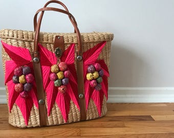 straw bag, beach bag, woven bag, vintage straw bag, shopping bag, reusable shopping bag, woven tote, pink bag, straw bag, vintage bags