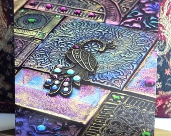 Peacock greeting card, single blank any occasion card, square card with detail of original mixed media mosaic