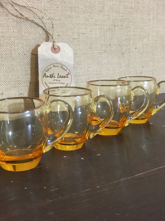 Vintage Amber Glass Cups - Small Retro Americano - Expresso Coffee Glasses - Heavy Bottomed Hand Blown Glass Cups with Handles