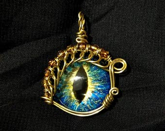 Blue & Yellow Hand-Painted Dragon Eye Pendant w/Gold Beaded Wire Wrap (with Necklace)