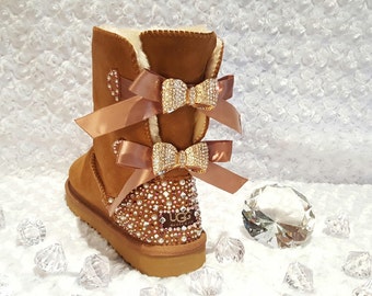 Bling Ugg Bailey Bow, Women's Custom Chestnut Ugg Boots Swarovski Crystal Bling Australian Fur Boots, Snow Boots, Bling Boots
