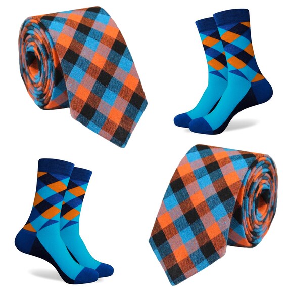 Matching Mens Socks & Tie Aqua Blue Orange Black Tie Set