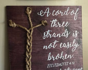 A cord of three strands is not easily broken, rustic wedding sign, God's knot sign, personalized wedding sign, wedding decor, wood sign