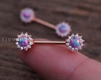 nipple ring nipple piercing nipple jewelry nipple barbell fire opal zircon flower Rose Gold #1N01