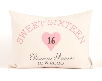 Sweet Sixteen Pillow, 16th Birthday Gift, Girls Birthday Gift, Teen Birthday Gift, Sweet Sixteen Birthday
