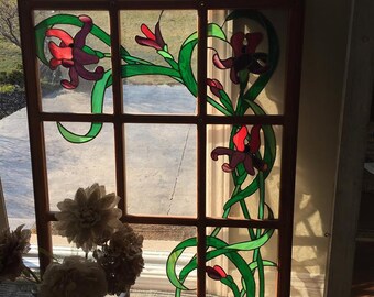 Large Stained Glass Window, Lead Stained Glass, Floral Stained Glass, Stained Glass Window Hanging, Sun Catcher, Vintage Stained Glass