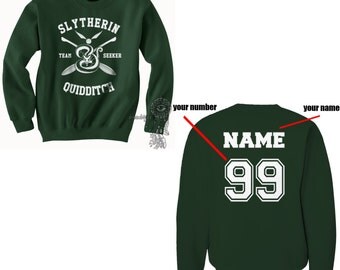 SEEKER - Custom back Slytherin Quidditch team Seeker WHITE print on Forest green Crew neck Sweatshirt