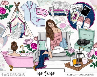 Fashion Girl Clip Art Watercolor Clipart PNG Chill Bath Spa Kitten Room Hand Drawn Babe Illustration Planner Sticker Graphics Basic License