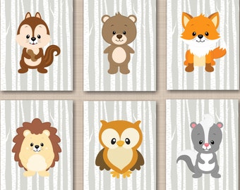 Woodland Nursery Wall Art,Woodland Wall Art,Woodland Nursery Decor,Woodland Gray Birch Fox Bear Owl Raccoon Chipmunk Art-UNFRAMED 6 C325