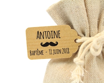 10 labels 2.4 x 4 cm, motif mustache, for your baptism dragees